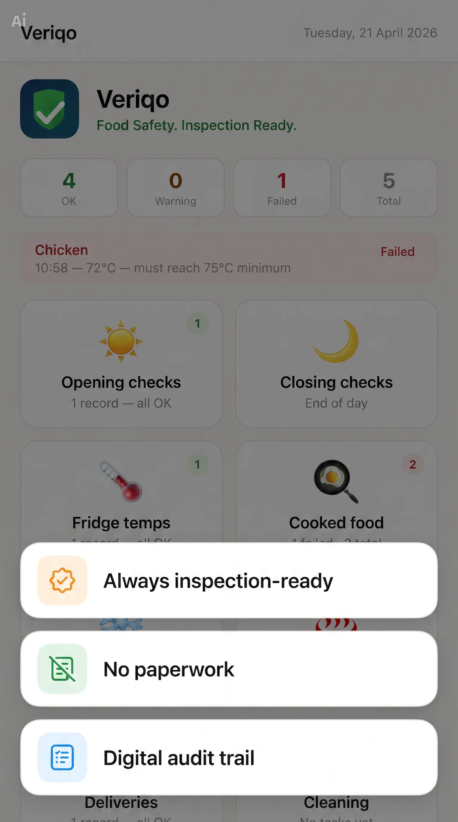 Veriqo app showing inspection-ready, no paperwork and digital audit trail features