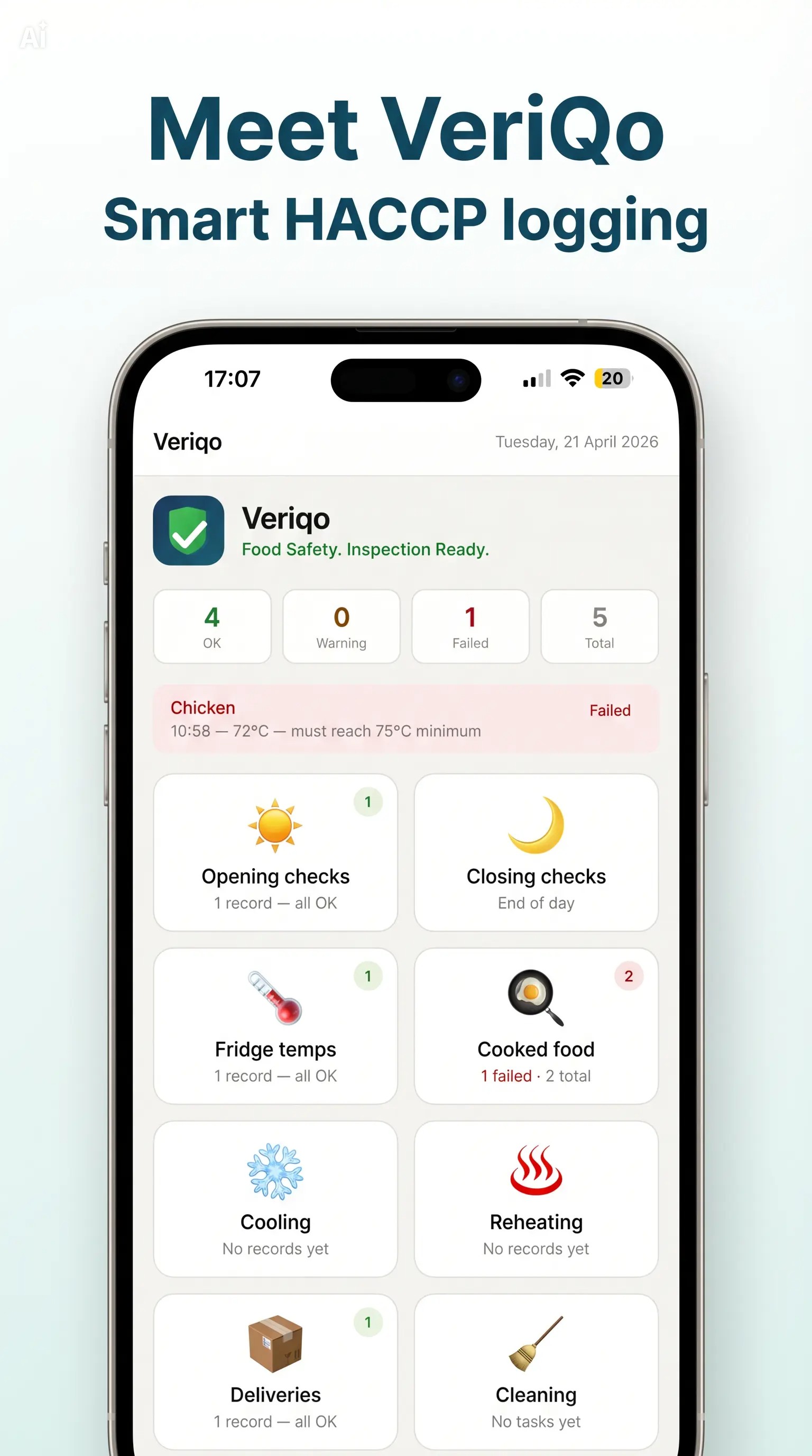 Veriqo home screen showing daily HACCP dashboard with OK, Warning and Failed counts