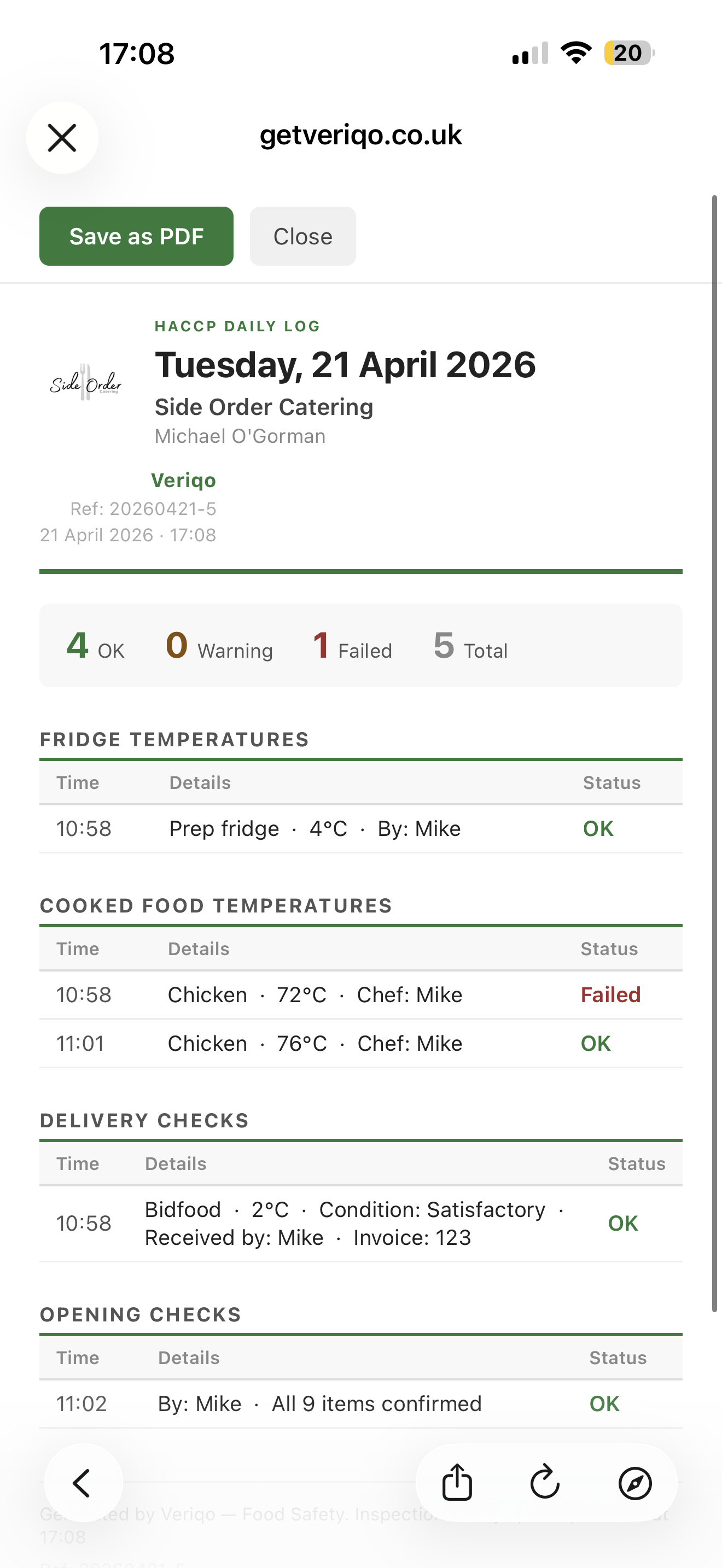 Veriqo PDF export showing HACCP daily log with fridge temperatures and cooked food records